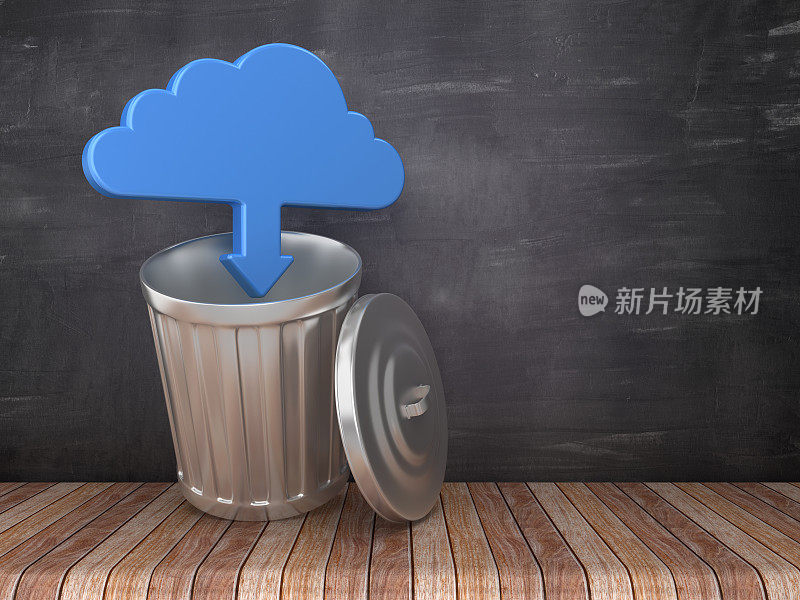 垃圾桶与云计算的黑板背景- 3D渲染